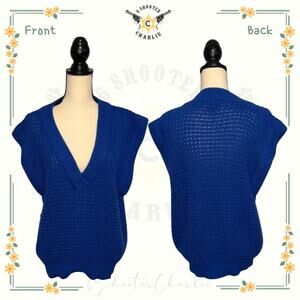 Vintage Silver Unicorn Blue Chunky Knit Sweater Vest Womens Sz Large Grandmacore